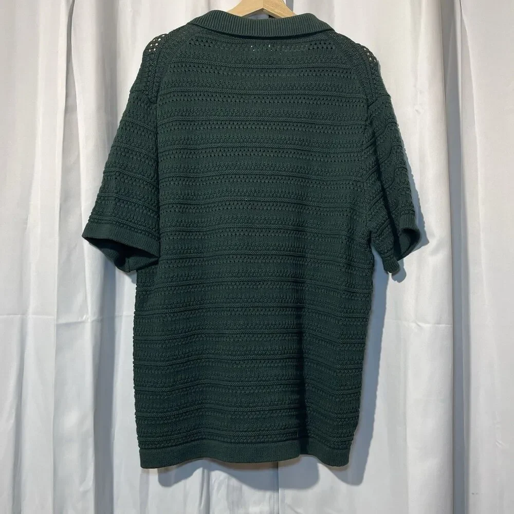 NWT J Crew Short Sleeve‎ Open-Stitch Polo Cardigan Sweater Green Mens Large